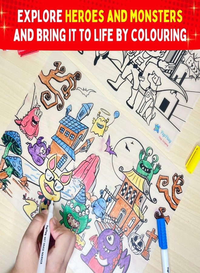 PepPlay Recolourables Doodle Mats - Super Power | 2 Coloring mat, 6 Quick-Dry, Smudge-Free Markers, Mess-Free, Reusable Travel Art Kit for Kids Ages 3, 4, 5, 6, 7 | Superhero Gift for Boys & Girls - Image 3